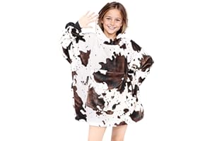 KIVEE Wearable Blanket Hoodie Kids Cow Print Sweatshirt Blanket with Giant Pocket Warm Cozy Cow Hooded Blanket 6-10 Year Old Girl Boy Birthday Cow Gifts