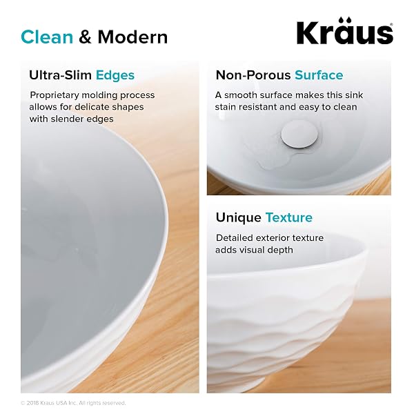 KRAUS VIVA™ ROUND WHITE PORCELAIN CERAMIC VESSEL BATHROOM SINK, 16 1/2 IN. D X 5 1/2 IN. H, KCV-200GWH