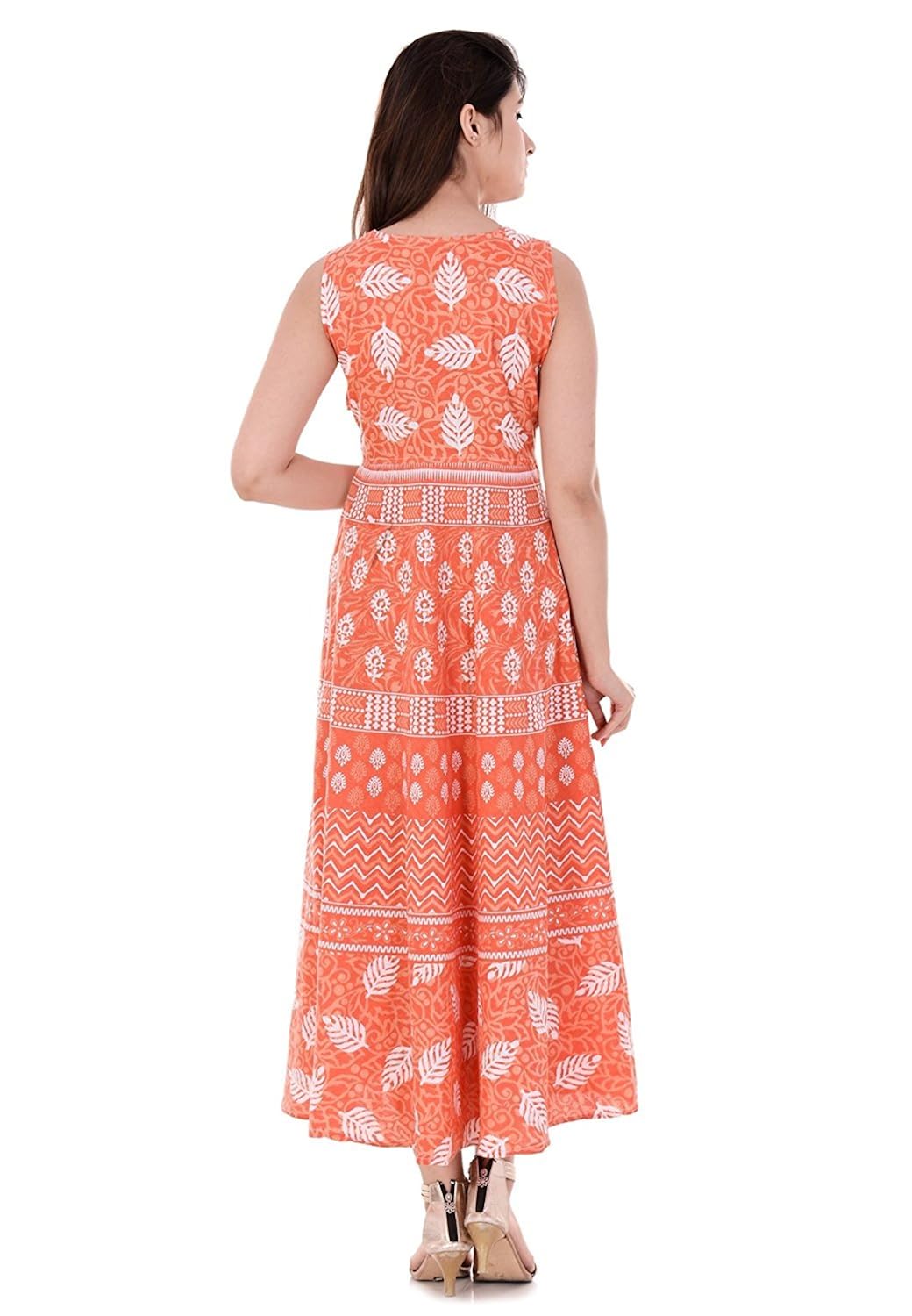 sampat enterprises women's cotton jaipuri floral printed maxi dress(a_orange_xxxxxs)