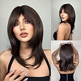 Tumhorn Women Long Brown Wigs with bangs Natural Wavy Wigs Curly Hair Wig Heat Resistant Synthetic Wigs for Women