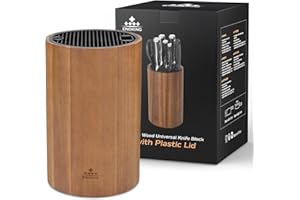 Enoking Universal Knife Block Holder with Plastic Lid, Acacia Wood Knife Block Without Knives for Scissors, Sharpening Rod an