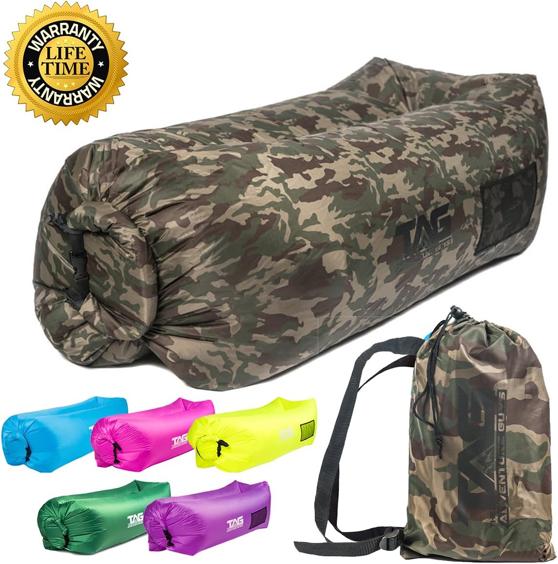 Inflatable Lounger Air Sofa - Seconds to Inflate & Puncture Resistant w/ Metal Securing Stake + 3 Pockets - Air Lounger Inflatable Couch Perfect for Outdoors, Camping, Beach, Park or Pool
