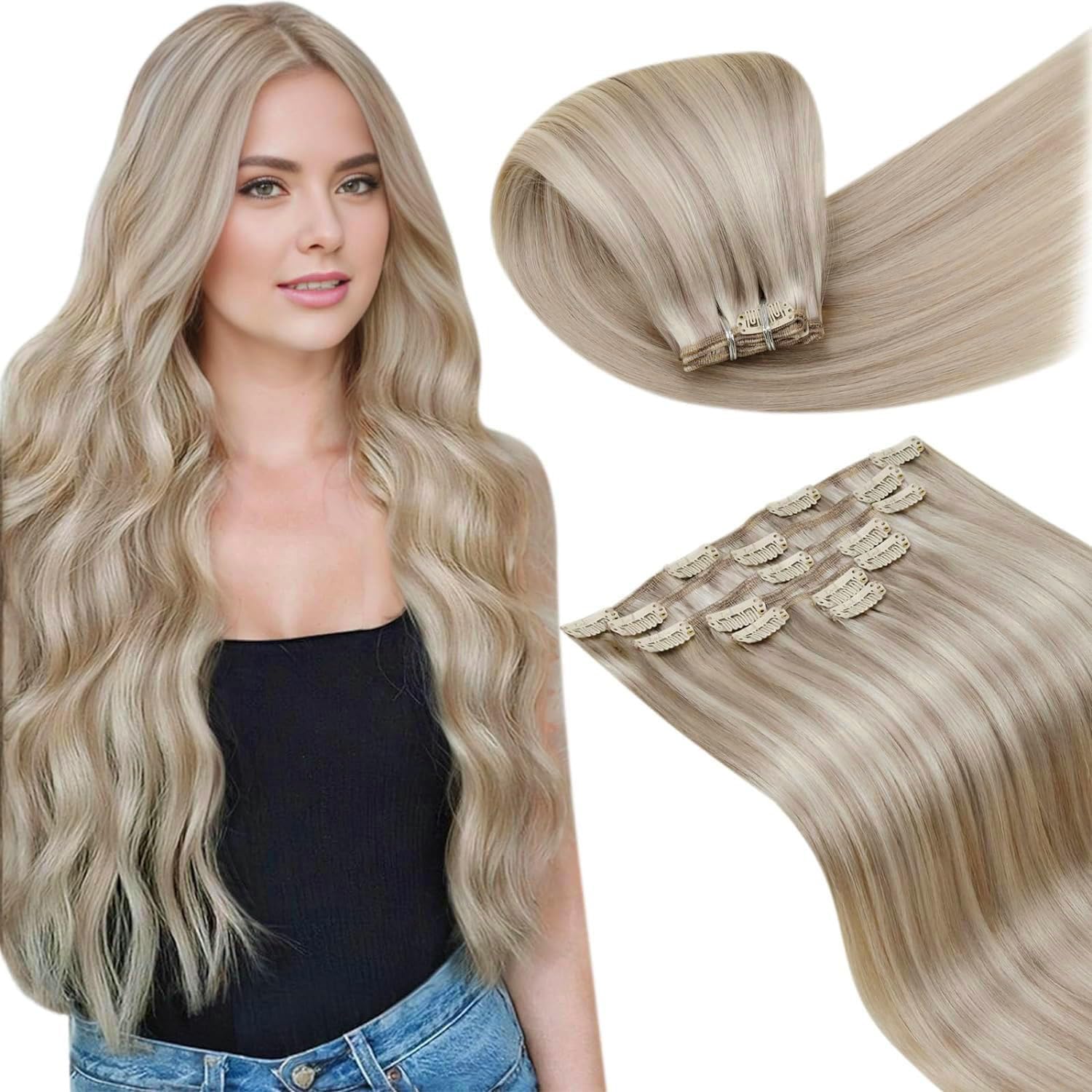 LaaVoo Blonde Clip in Hair Extensions Real Hair Extensions Clip in Human Hair Straight Remy Highlight Ash Blonde Hair Full Head Double Weft 80g 5pcs 14 Inch #18/613 — image 1