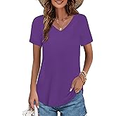 Elesomo Womens T Shirts V Neck Summer Short/Long Sleeve Cotton Tops Tees