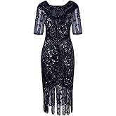 Vijiv Women Vintage 1920s Dresses Floary Beaded Cocktail Flapper Dress with Sleeves Gatsby Party
