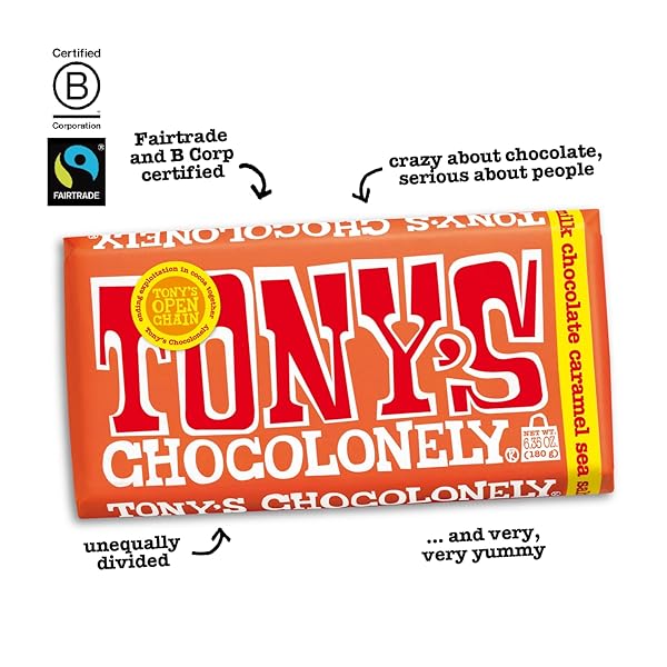 TONY’S CHOCOLONELY BELGIAN MILK CHOCOLATE CANDY BAR WITH CARAMEL & SEA SALT FOR SNACKS, CHOCOLATE BAR FOR PARTY FAVORS, GIFTS, OR GIFT BASKET, 32% CACAO, MADE FROM QUALITY FAIRTRADE COCOA, 6.35 OZ