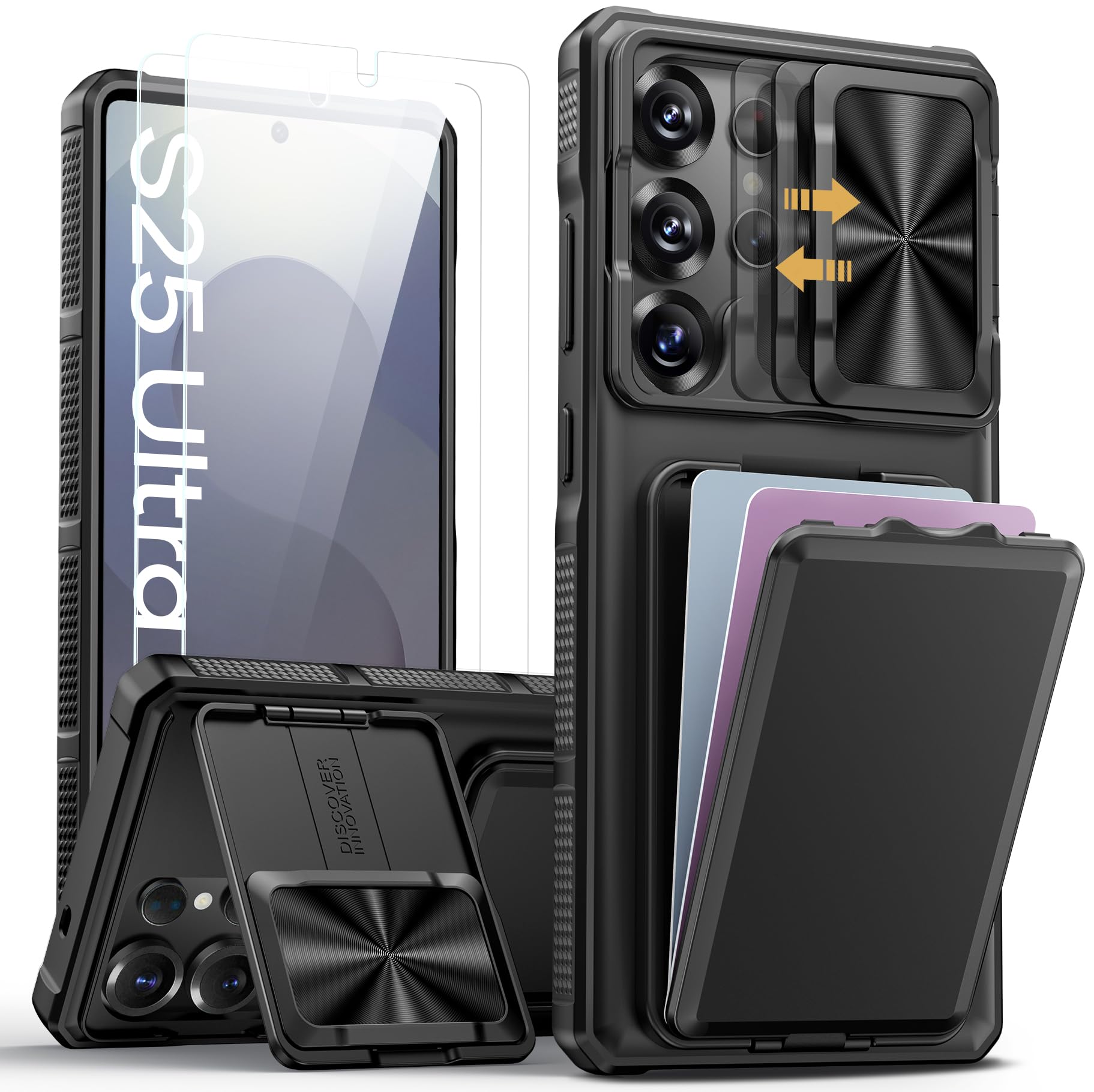 Photo 1 of SSLOTSCASE for Samsung Galaxy S25 Ultra Case with 2X Screen Protector, Card Holder & Kickstand & Slide Camera Lens Cover, Silicone Edge Rugged Shockproof Protective Phone Cover for S25 Ultra, Black