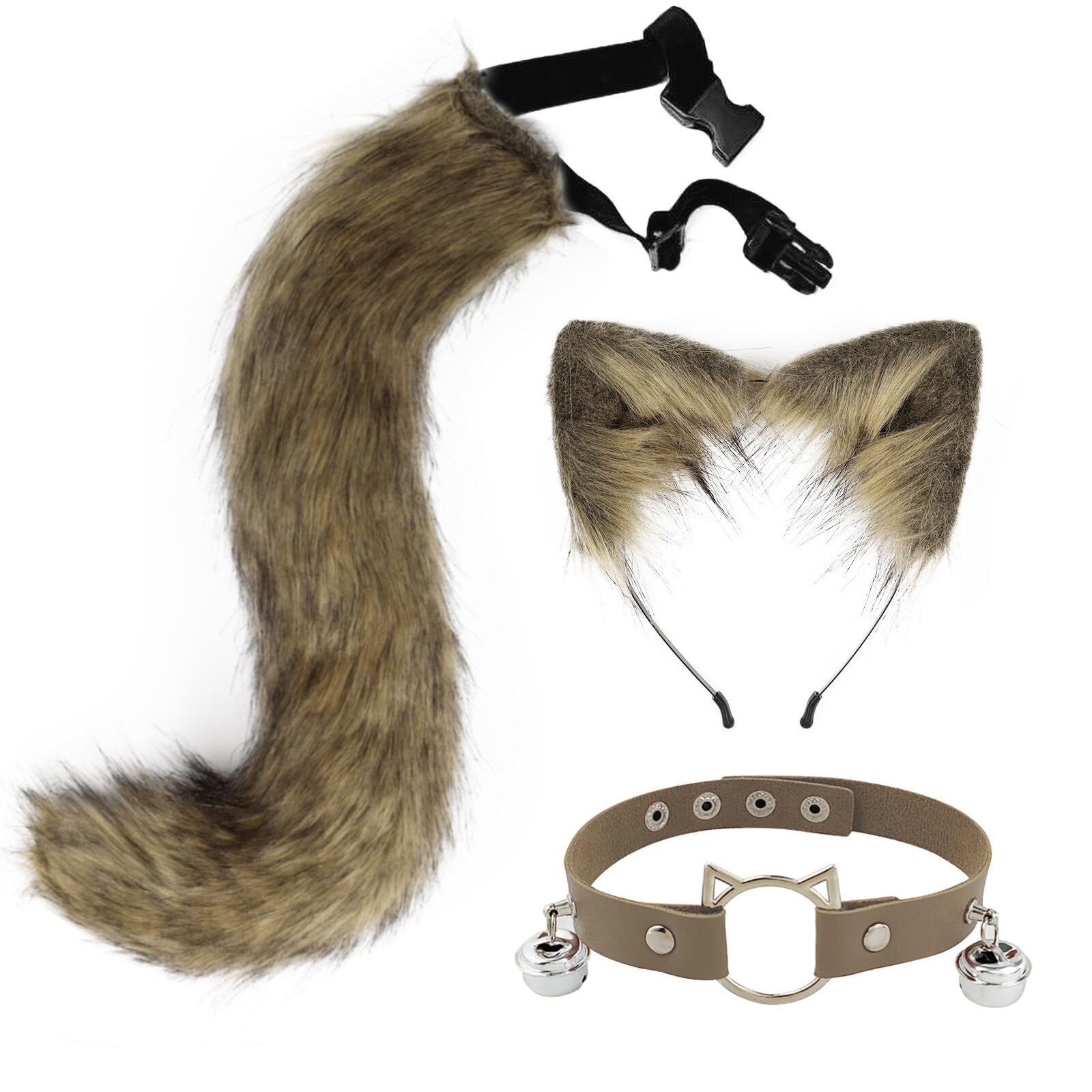 Tail and Ears Set Long Fox Tail Cosplay Faux Fur Furry Fox Wolf Tail Kit with Ears and Bells Collar for Anime Fancy Dress Party Halloween Christmas Dress Up Carnival Role Play
