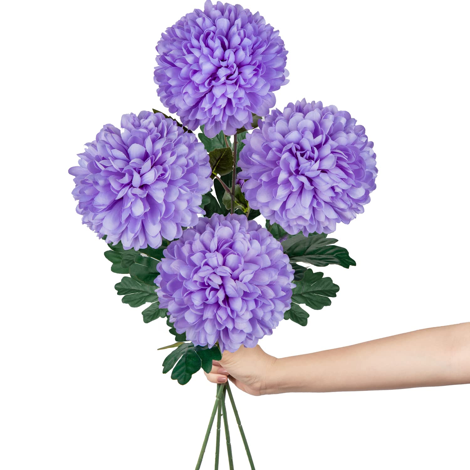 Hollyone 6'' Large Artificial Chrysanthemum Flowers with 25.6'' Long Stem, 4 pcs Purple Fake Silk Flowers Faux Ball Flower for Home Decor, Bridal, Wedding, Party, Garden, Floral Arrangement