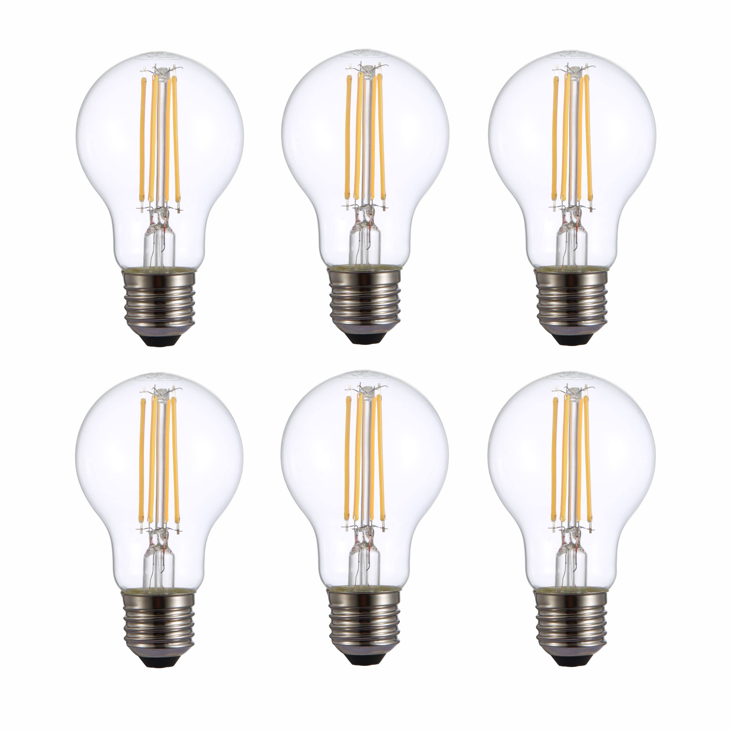 TEKLED® A60 Filament Vintage LED Bulbs | E27 Edison Screw | Energy Saving 6.5W Light Bulb 60W Equivalent | NONDIMMABLE Clear 2700K 806LM | 6-Pack | Warm White