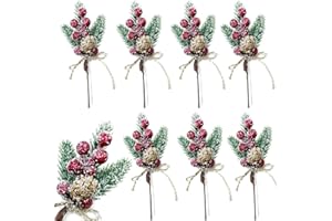 8 pcs Artificial Christmas Picks Red Berry Stems Pine Branches Holly Berries Evergreen Sprigs and Cones Spray Winter Holiday 