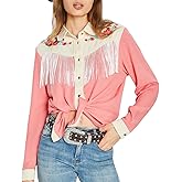 JOHN MOON Women's Fringe Western Shirts Floral Embroidered Button Down Shacket Rodeo Cowgirl Country Top Long Sleeve