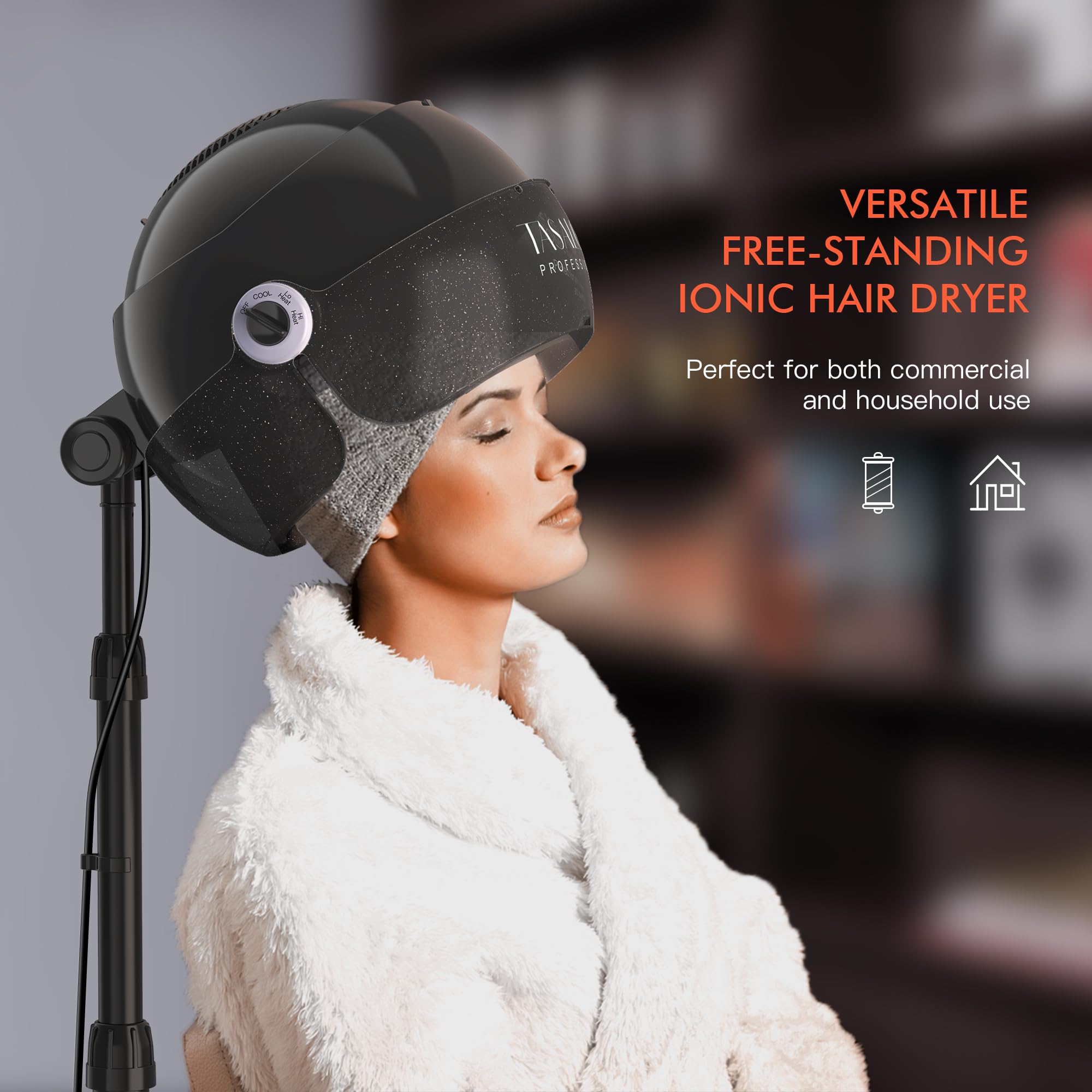 TASALON Ionic Hooded Hair Dryer - 1875W Bonnet Dryer with 3 Temperature Settings - Portable Standing Dryer for Home and Salon (Black)