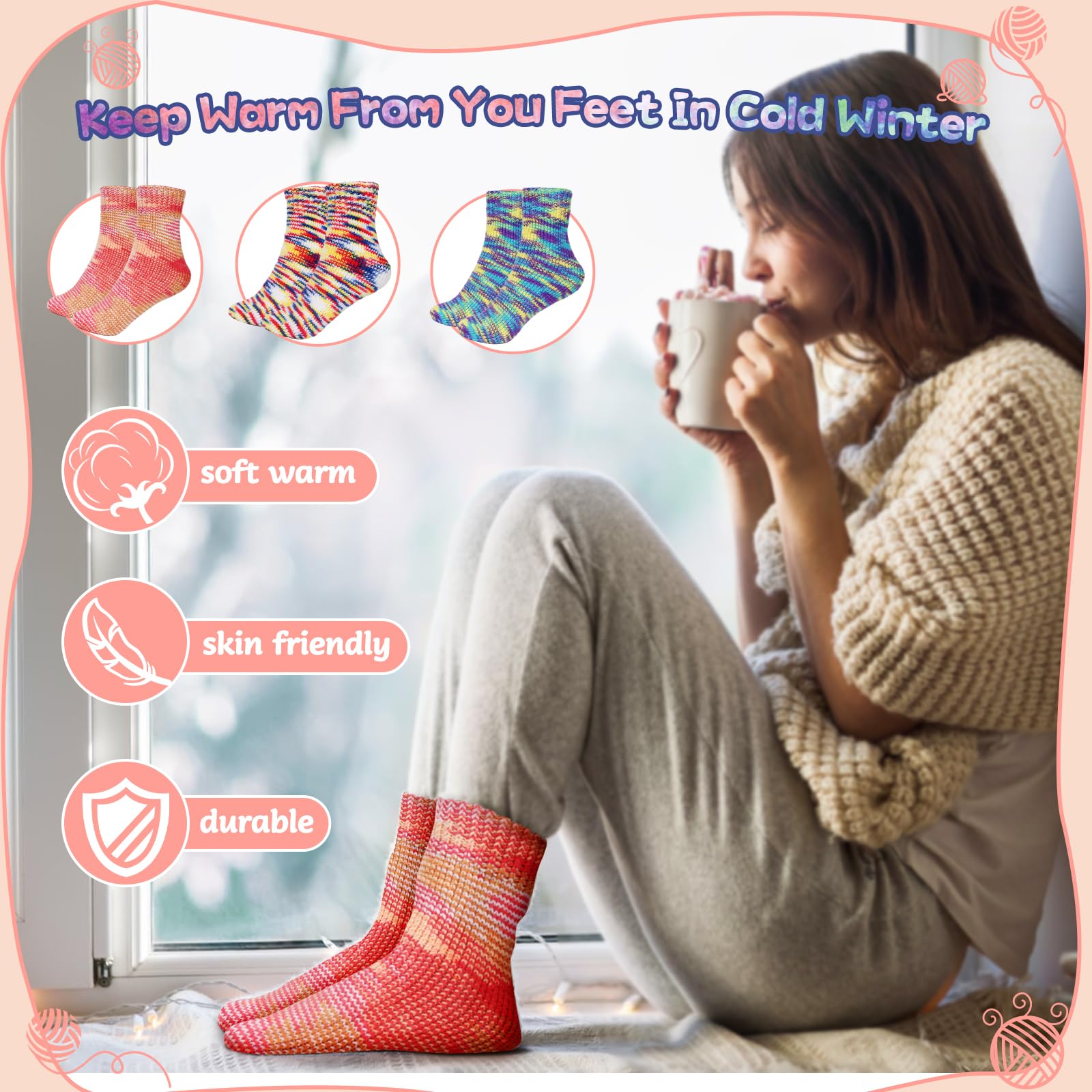 Katech Knitting Kit for Beginners Adults, 6 Pcs Socks Yarn for Knitting Kit W/Step-by-Step Instruction and Knitting Needles, Knitting Starter Kit for Beginners to Learn-to-Knit Craft Socks Gift