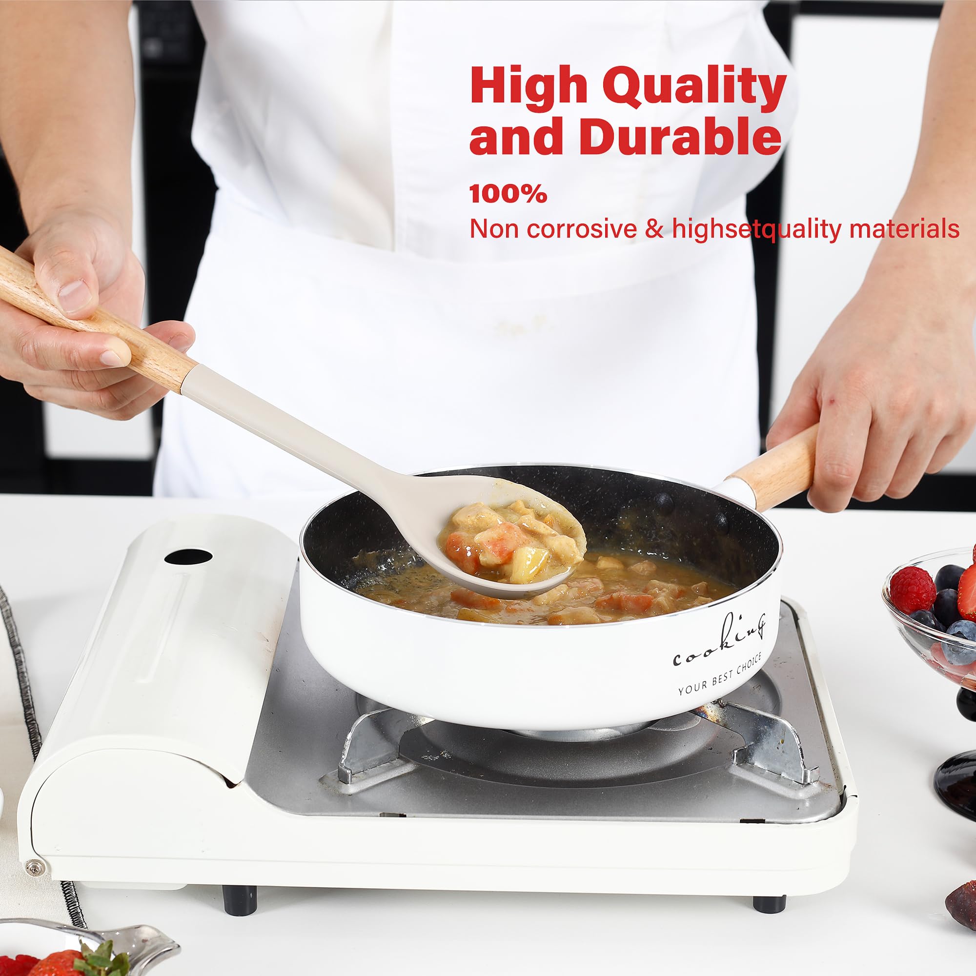 Kitchen Utensils Set, Large Non-stick Silicone Cooking Utensils Set 6 Pcs, Wooden Handle Heat Resistance Silicone Spatula Soup Ladle Pasta Server Kitchen Gadgets Utensils Set BPA Free (Khaki)