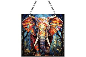 WQVSHRO Stained Acrylic Window Hangings Ornament Tiger/Bear/Elephant/Steed Acrylic Art Wall Decor Animal Colorful Panel Hanging for Animal Lover, Home Office Decor (5.9'',Elephant)