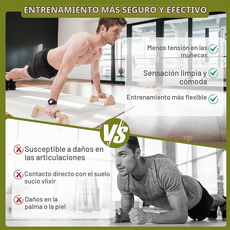 2 Pcs Barras Paralelas Calistenia 25cm, Barra Calistenia de Madera con Alfombrilla Antideslizantes, Asa Más Gruesa, Carga Hasta 300kg, Espaldera Gimnasio Casa, Flexiones Soporte Suelo para Push Up