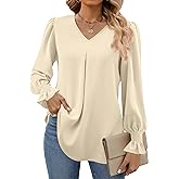 Funlingo Women's 2025 Long Sleeve Tops Dressy Casual V Neck Tunic Shirts Loose Chiffon Work Blouse