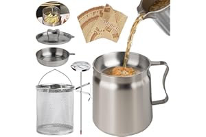 SINYWAY 2L Oil Filter Pot Bacon Grease Saver with Strainer, 68oz Steel Pour Fryer Large Capacity Bacon Grease Container with Cooking Thermometer & 50 Wax Papers Stainless Steel for Kitchen Camping