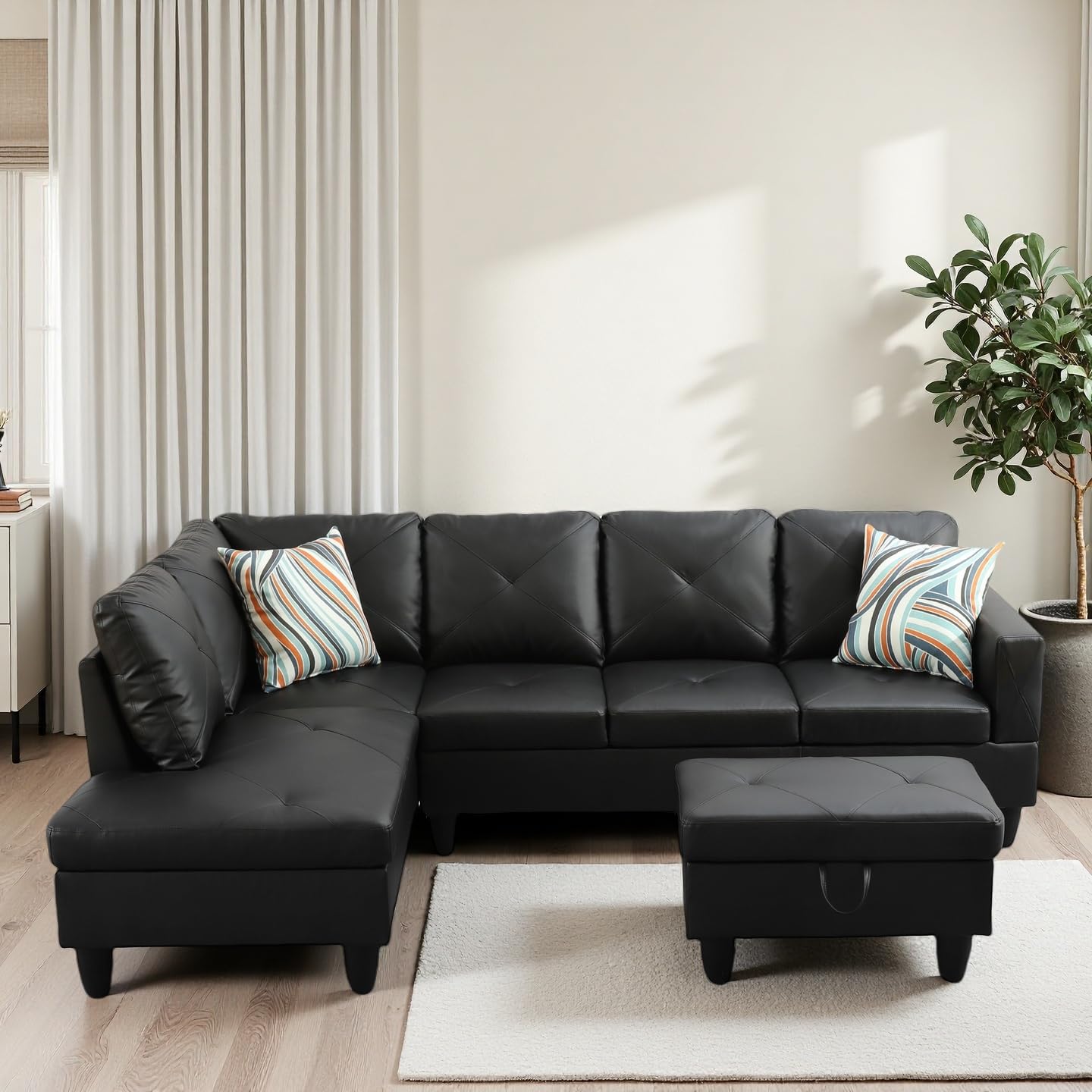Photo 1 of ***PARTIAL SET, LEFT SIDE ONLY***Trygoal L-Shaped Sectional Sofa with Movable Chaise & Storage Ottoman, Leather 3-Piece Modular Convertible Couches for Living Room, Black