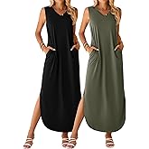 Ficerd 2 Pcs Women's Maxi Dresses Summer Sleeveless Beach Long Dress V Neck Casual Loose Split Sundress with Pockets