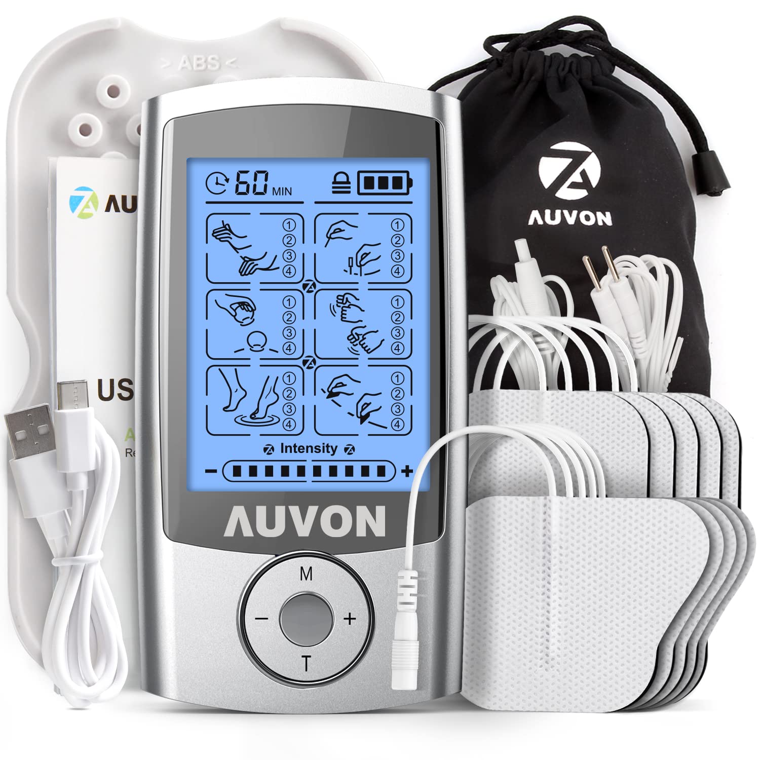 Auvon Tens Device, Rechargeable Stimulation Device for Pain with 24 Training Programmes, 2 Channels and 10 Pieces 2 x 2 Inch Premium Electrode Pads with Patented Design