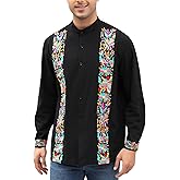 Mexican Shirts for Men Guayabera Embroidered Traditional Fiesta Button Up Mandarin Collared Long Sleeve Shirt