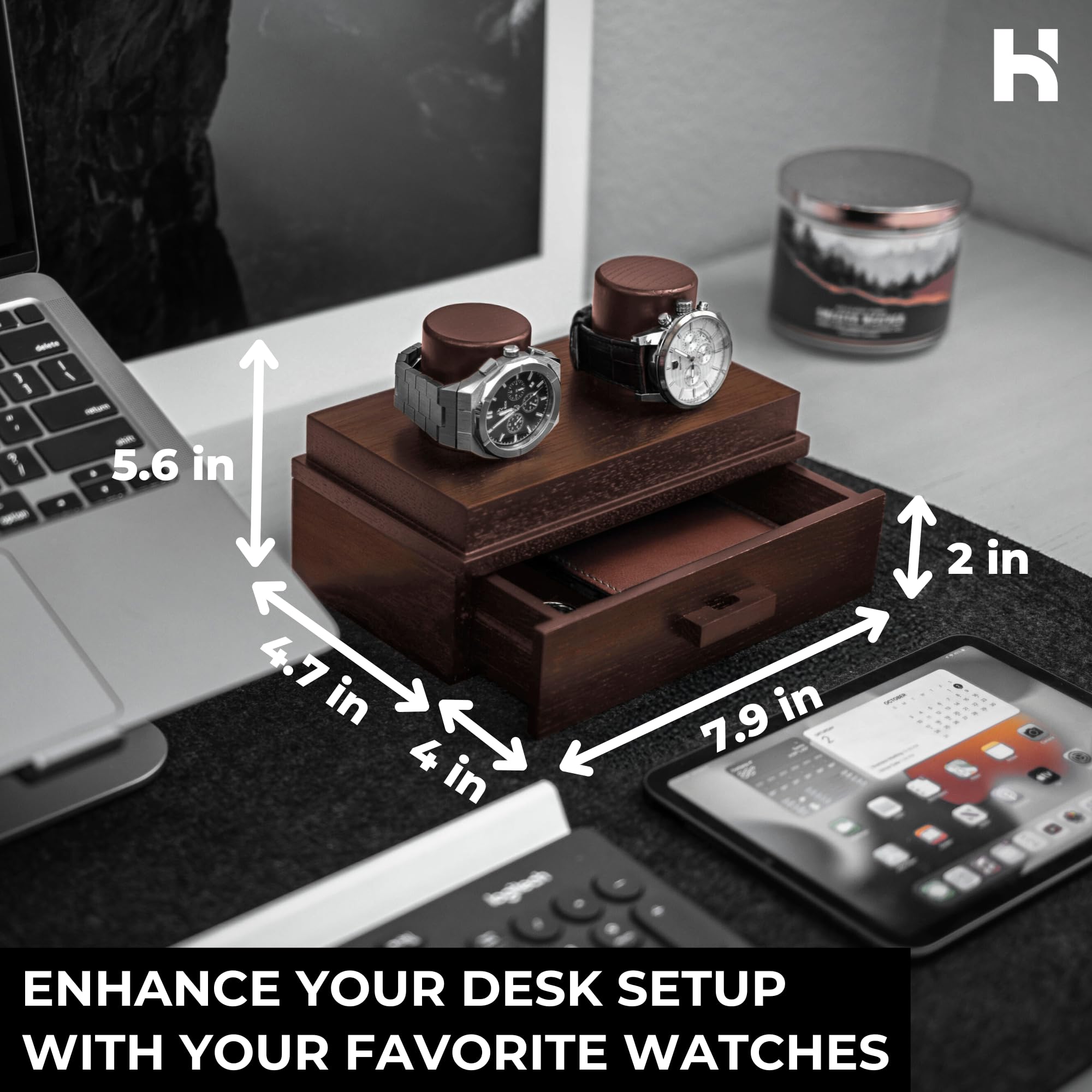 Holme & Hadfield Premium 2-Slot Wooden Watch Display Case with Lifetime Assurance – Handcrafted Men’s Watch Box with Accessory Drawer –Birthday Gift for Collectors – Luxury Built to Last