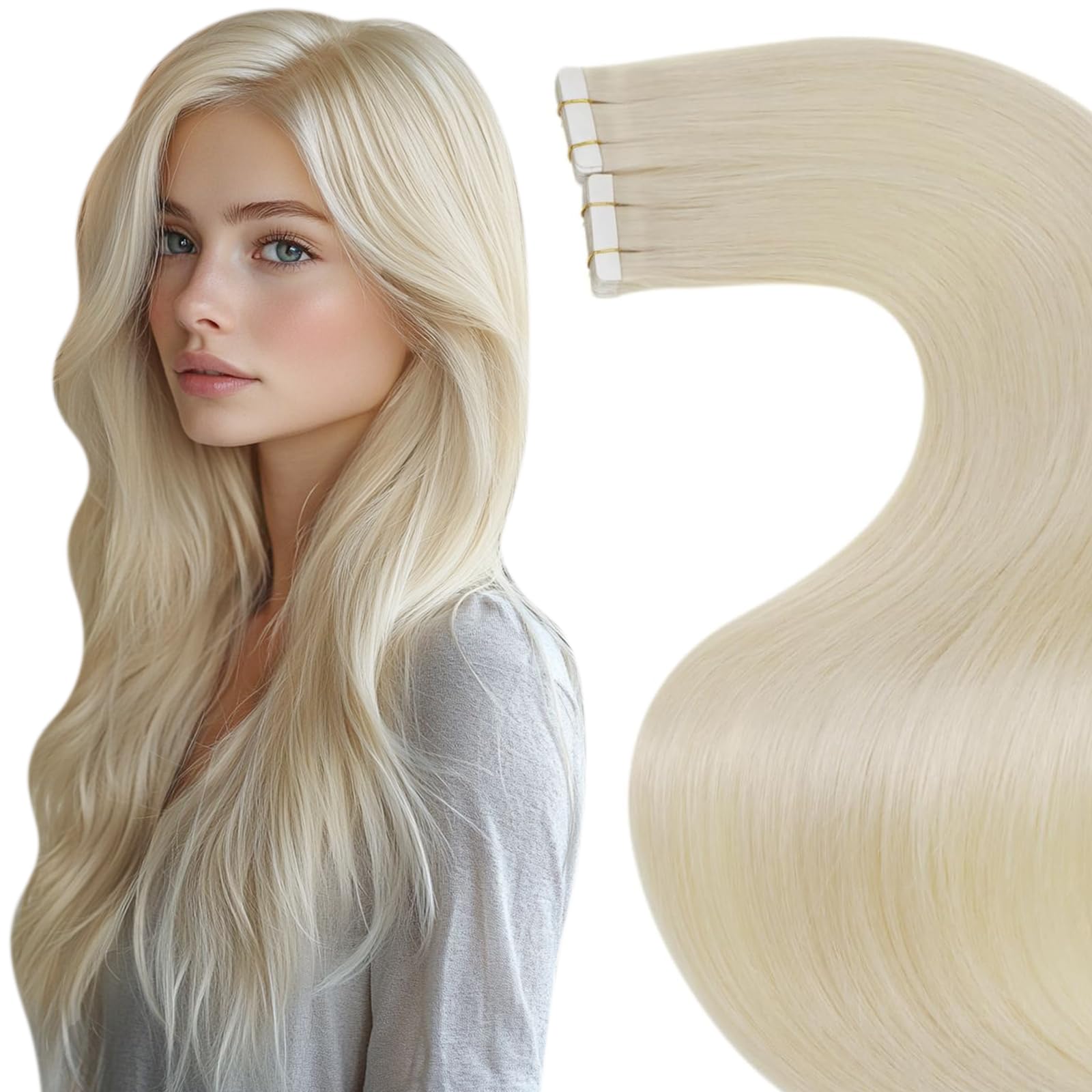 LaaVoo Blonde Tape in Hair Extensions Tape Hair Extensions Real Human Hair Platinum Blonde Remy Straight Invisible Tape in Human Hair Double Sided Tabs 20pcs 50g 18 Inch #613 — image 1