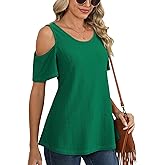 Jouica Women's Summer Cold Shoulder Short Sleeve Tunic Tops Loose Casual Shirts Blouses