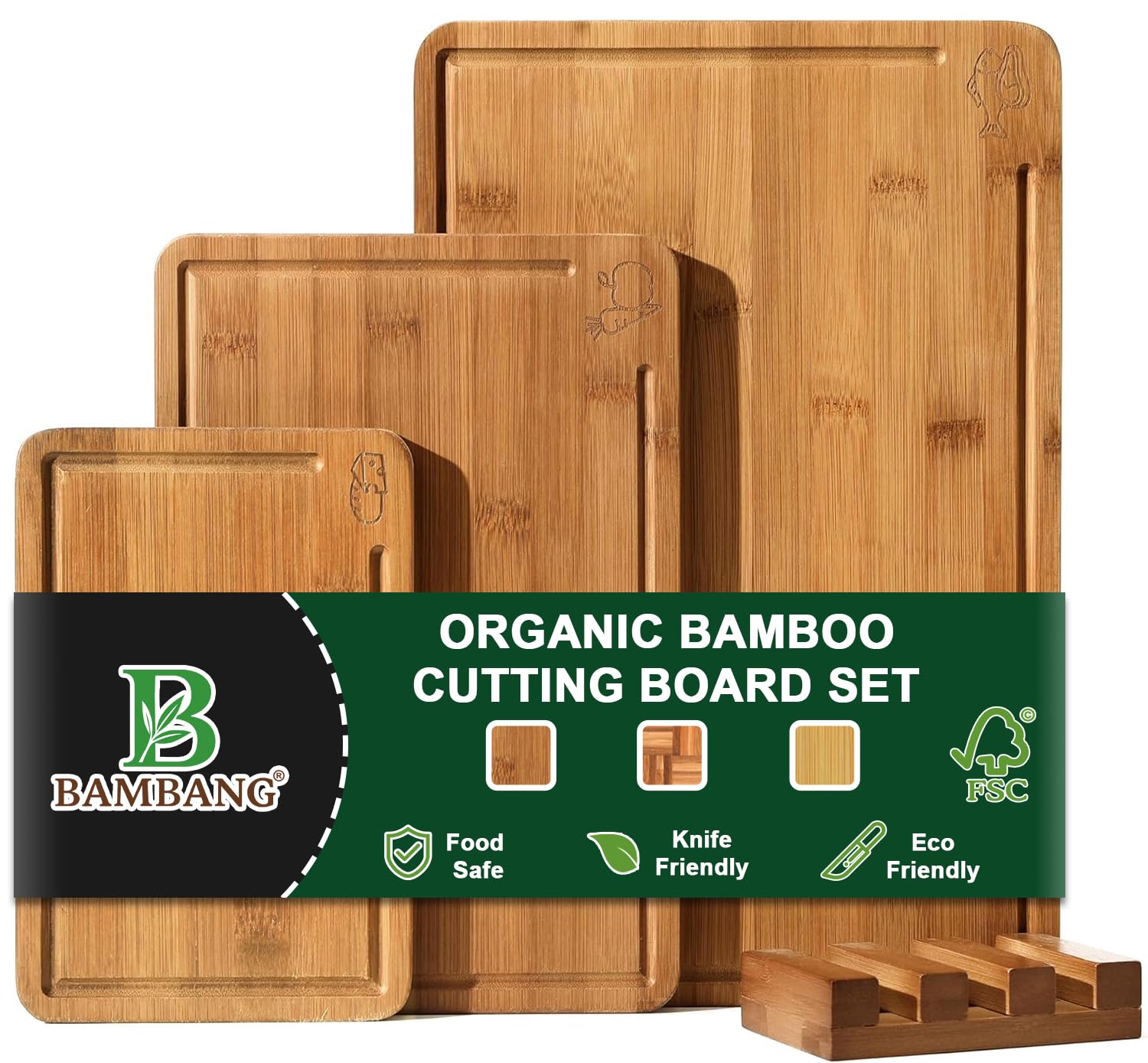 Photo 1 of BAMBANG Bamboo Cutting Board, Dark Carbonized Chopping Boards Set of 3 with Stand, Butcher Block with Deep Juice Groove, Non-Toxic Wooden Cutting Boards for Kitchen Meal Prep & Serving