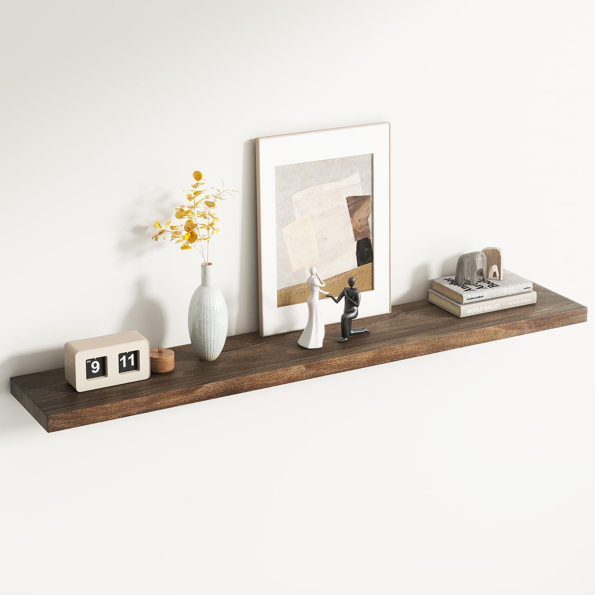 Photo 1 of Reclaimed Elm Wood Floating Shelf for Wall, Flat Edge 55"W x 9.2"D x 1.4"H, 1 Pack with Invisible Bracket, Large Wall Mounted Shelf for Living Room Bedroom Kitchen Bathroom Decor, Walnut Finish
