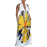 Womens Sexy Summer Dresses Halter Neck Plus Size Long Maxi Dress Casual Floral Beach Sun Dresses with Pockets