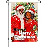 HOMETITUTE Black Santa and African American Mrs Claus Merry Christmas Garden Flag 12x18 Inch Double Sided Holiday Couple Yard Banner Seasonal Outdoor Winter Decoration with Tree for Porch Lawn Patio