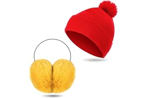 Toulite 2 Pcs Christmas Adult Knit Beanie Unisex Ear Muffs Set Winter Red Warm Snug Knit Hat Yellow Ear Warmers Cute Faux Fur Ear Covers Headband for Men Women Cosplay Parties Outdoor Gifts