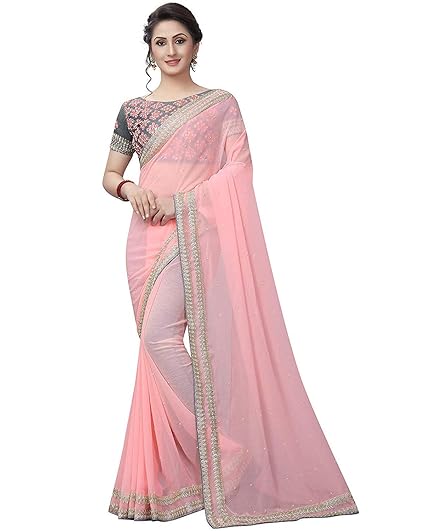 Women's Georgette Saree With Unstitched Blouse Piece (AR_ER10660_Peach)