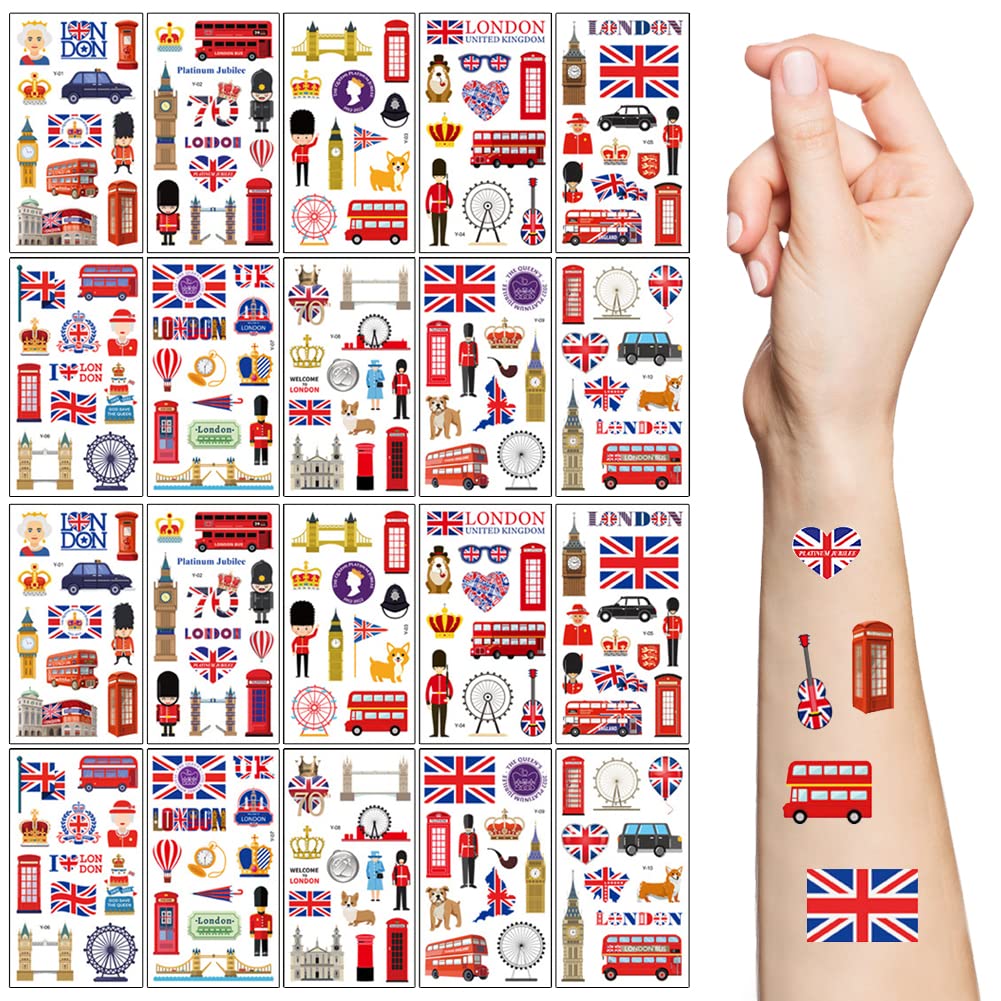 20 Sheets King Coronation Temporary Tattoos,Union Jack Temporary Tattoos For 2023 King Charles Coronation Ceremony Party Favors, UK Patriotic Coronation Party Favor Accessories