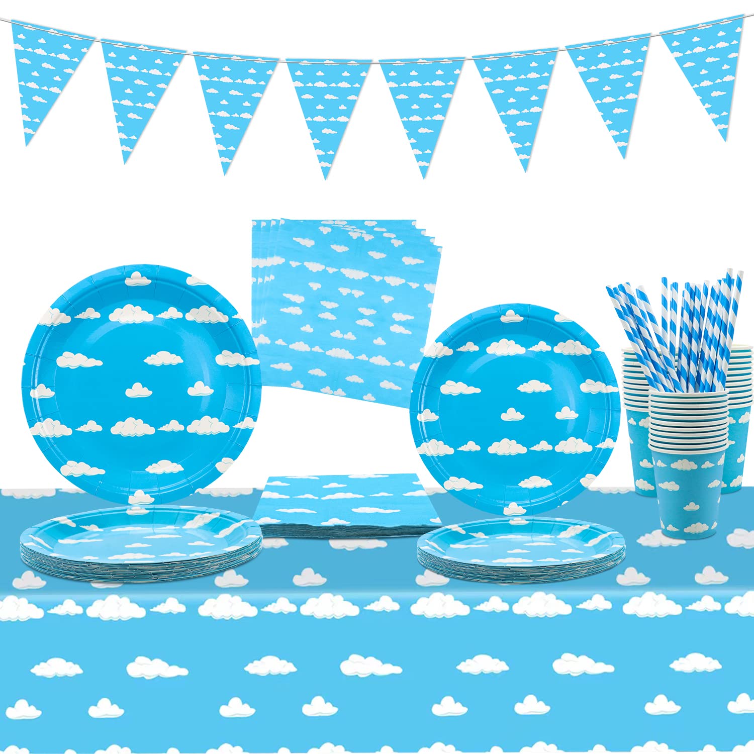 Blue Party Decorations - Birthday Party Supplies for Kids & Baby Showers - Plates, Napkins, Table Cover, Cups, Flags - Serves 20 Guests
