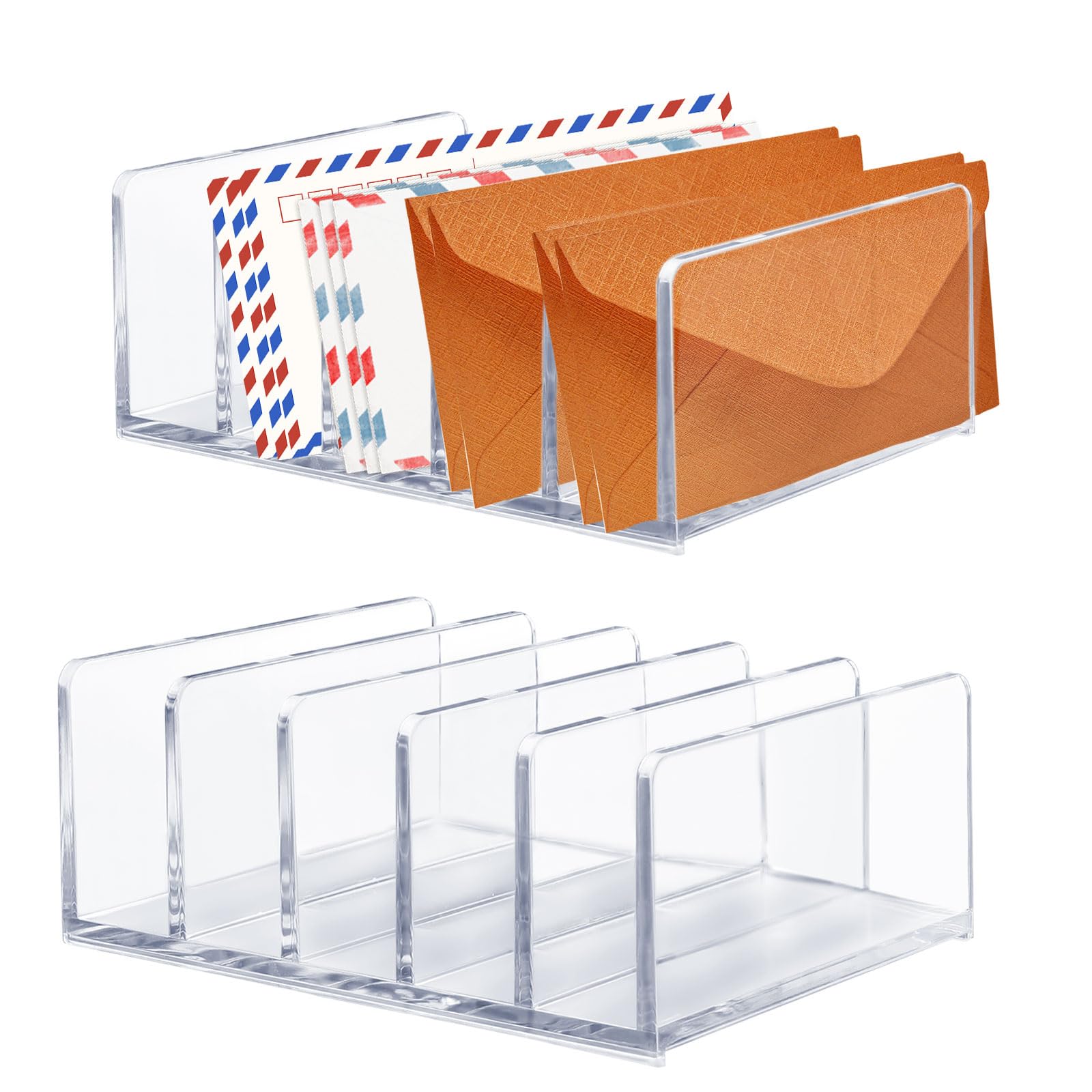 LELE LIFE Acrylic Mail Organizer for Desk, 5 Compartments Thick Clear Mail Holder Letter Sorter Countertop, Modern Office Home Desk Organizer for Envelope Fill Bill (2Pcs)