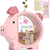 Summidate Pink Piggy Bank for Kids Girls,Large Wooden Pig Money Banks | Personalized Wood Coin Bank with Diamond Sticker, Decorative Savings Box, Practical Gifts for Birthday Christmas