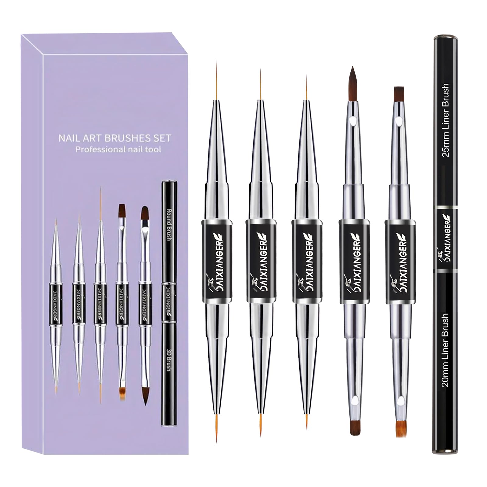 5 Pcs Nail Art Brush Set, Nail Art Brushes Double-Ended, Nail Striper Brush Nail Design Brush, Fine Line Nail Art Brush Nails Detail 3D Acrylic Nail Brush for Gel Polish Drawing DIY Nails