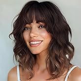 Lativ Ombre Brown Wigs for Women Bob Wig with Bangs Short Curly Wavy Wigs Natural Charming Heat Resistant Shoulder Length Hair for Cosplay Daily Party Use 14 Inches