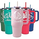 Personalized 40 oz Engraved Tumbler, With Handle, 2 Straws, Brush and Pad, Custom Stainless Steel Insulated Travel Cup, Double-Wall, Keeps Drinks Hot & Cold, Gift for Him, Her, Teen Girls Made in USA.