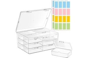 zoeynex Medium Plastic Organizer Boxes, 12 Clear Containers with Hinged Lids, for Beads, Jewelry, Crafts, Electronics, Hardware, School Supplies (32 Labels)