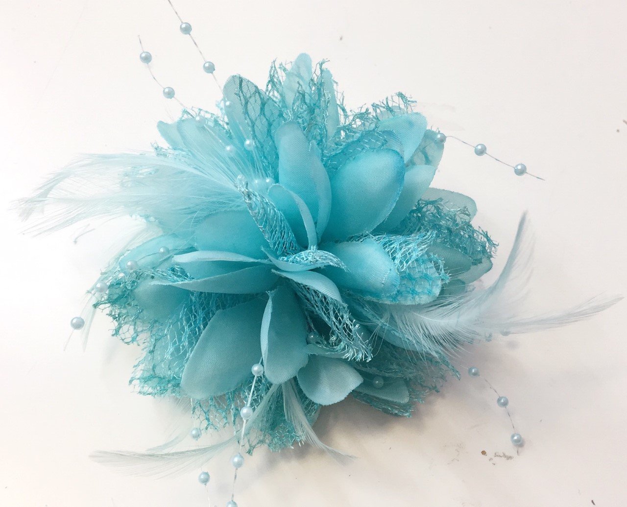 Flower Feather Bead Corsage Hair Clips Fascinator Hairband and Pin (Light Turquoise)