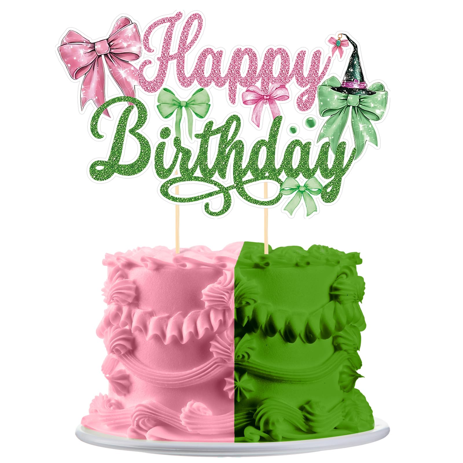 Photo 1 of Weysat Witch and Princess Happy Birthday Cake Topper Glitter Pink and Green Bow Cake Decorations Birthday Party Pick for Fantasy Themed Party Supplies