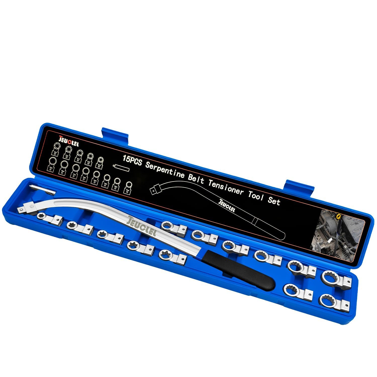 Photo 1 of 15PCS Universal Auxiliary Idler Belt Tensioner Pulley Removal Tool Kit, 12-Point 12-19mm (0.47"-0.74") Serpentine Belt Tension Pulley Wrench Set, Engine Timing Belt Tensioning Nut Bolt Screw Remover