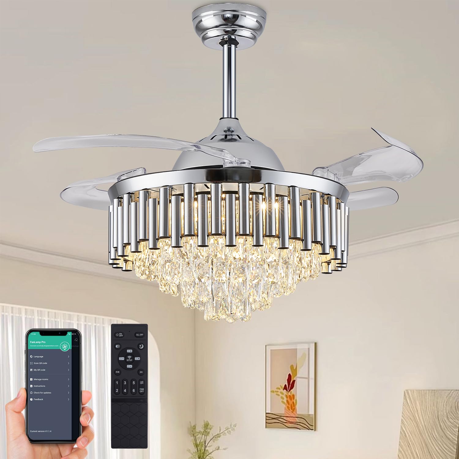 Photo 1 of YOLIZUOT 42 Inch Dimmable Crystal Ceiling Fan Retractable Fan Blade Modern Fandelier Ceiling Fans with Light, Chandelier Fan with Remote Control for Bedroom/Living Room,Chrome
