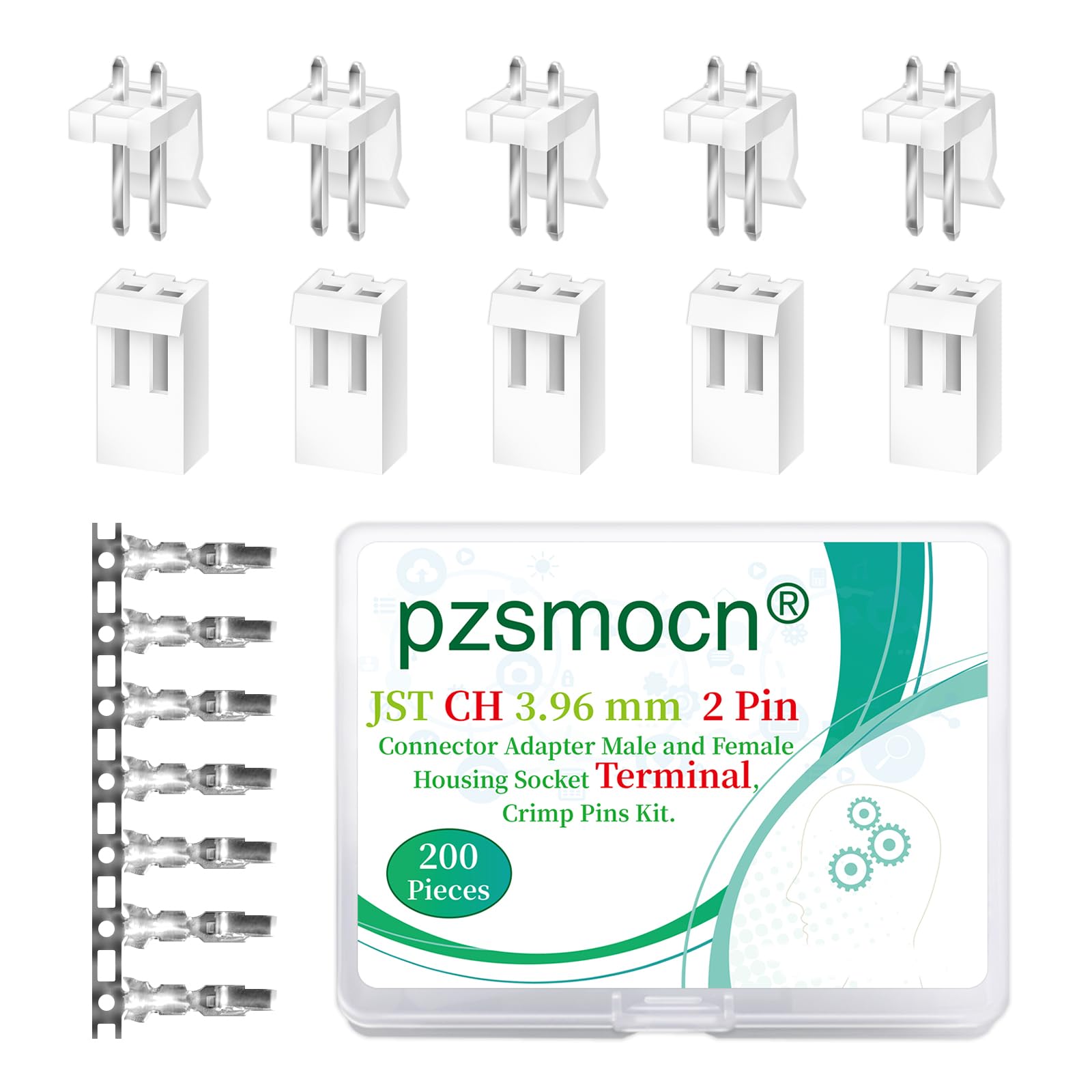 pzsmocn 200 Pieces / 50 Sets JST CH 3.96 mm Pitch 2 Pin Female Housing and Male Adapter Connector Plug Socket Terminal Wires Cables 24-18 AWG Assembly, Header Crimp Pins Kit