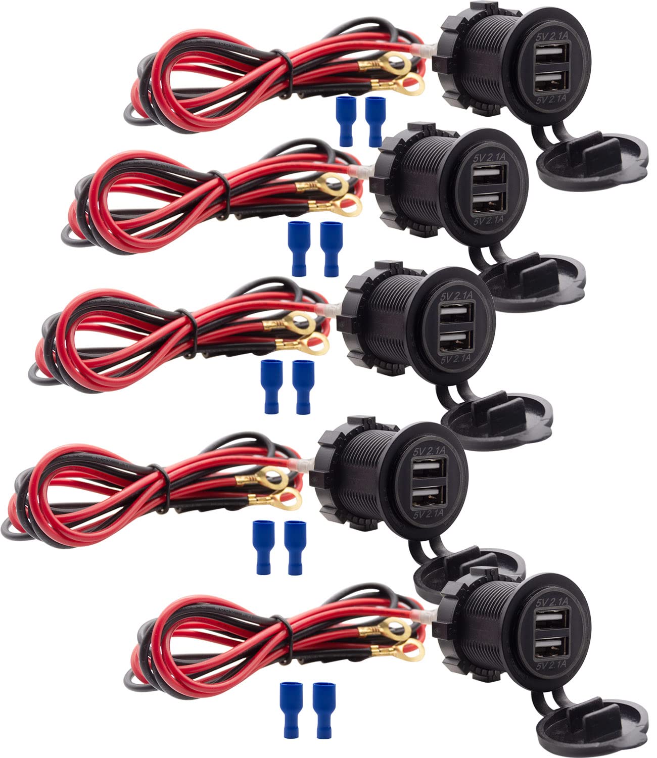 Photo 1 of [5 Pack] 12V USB Outlet, Dual USB Quick Charger Socket Waterproof Power Outlet 12V/24V 2.1A & 2.1A for Car Golf Cart Boat Marine Bus Truck RV Marine Motorcycle, Blue LED